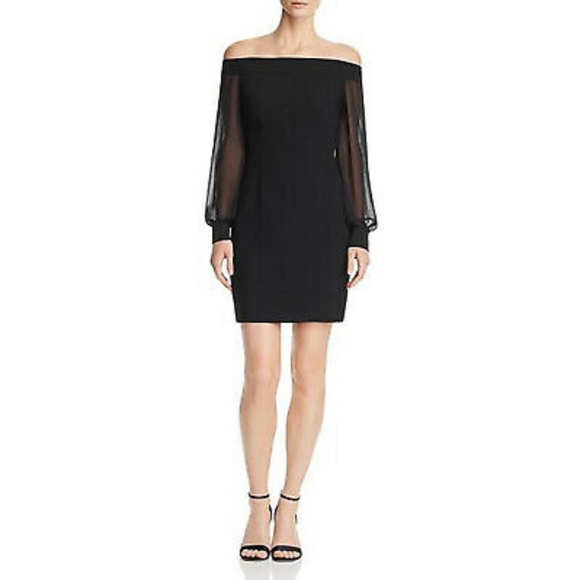 NWT Aidan by Aidan Mattox Off Shoulder Crepe Shear Mini Dress Black, Size 2 - Picture 1 of 6
